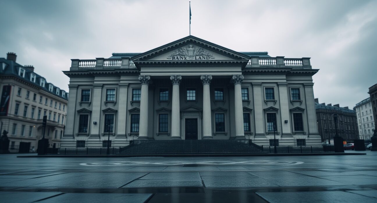 Bank of England building in London on a cloudy day, representing UK monetary policy and sterling resilience.