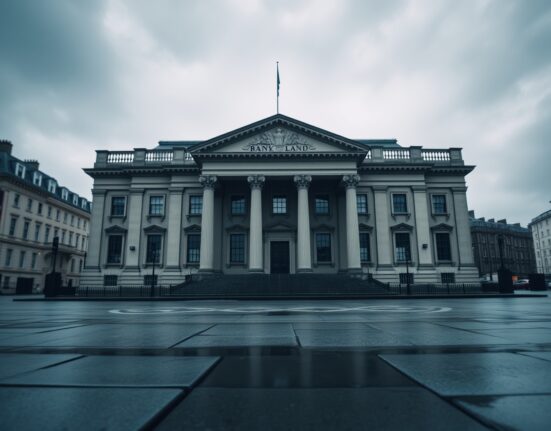 Bank of England building in London on a cloudy day, representing UK monetary policy and sterling resilience.
