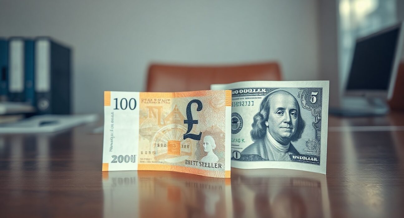 British Pound Sterling and US Dollar notes on a desk, representing forex market analysis