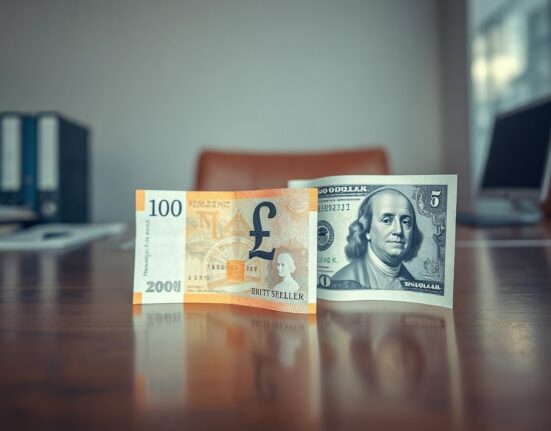 British Pound Sterling and US Dollar notes on a desk, representing forex market analysis