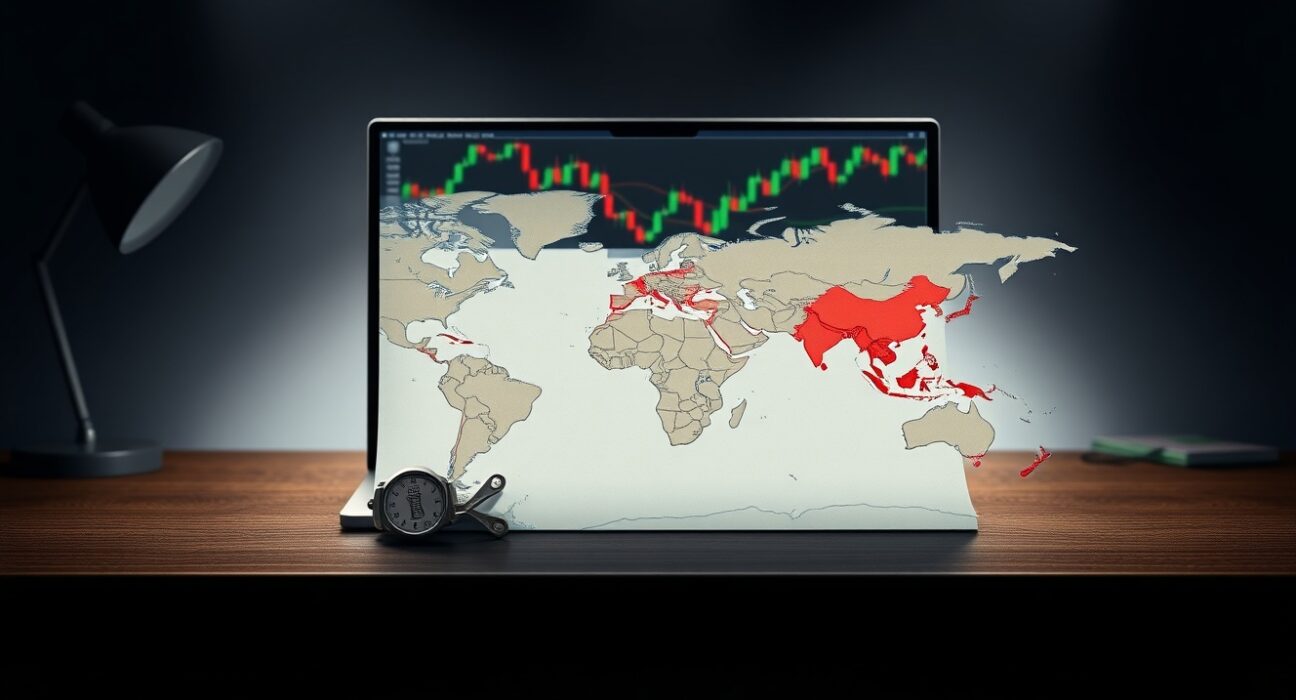 Pound Sterling banknote and Strait of Hormuz map on desk with financial charts, illustrating currency market impact of geopolitical tensions.