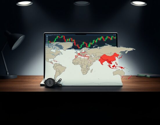 Pound Sterling banknote and Strait of Hormuz map on desk with financial charts, illustrating currency market impact of geopolitical tensions.