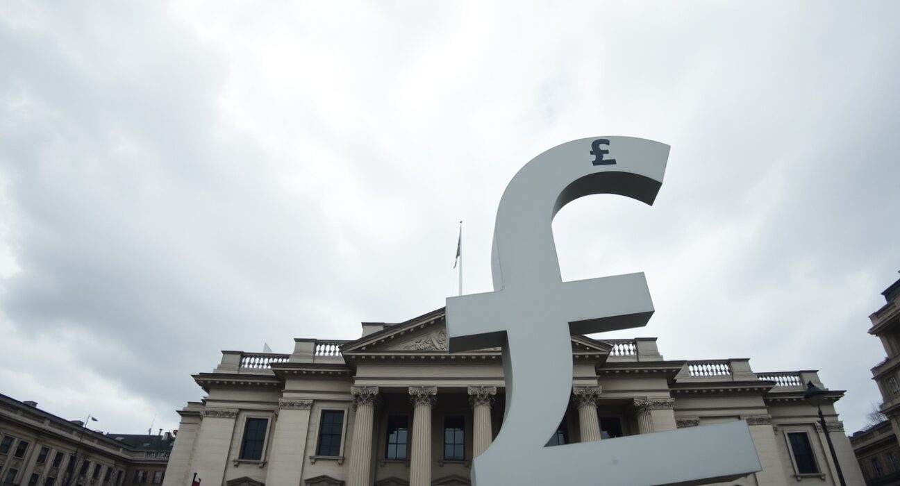 Pound Sterling under pressure after Bank of England leaves interest rates unchanged at 3.75%, with GBP symbol near the BoE building
