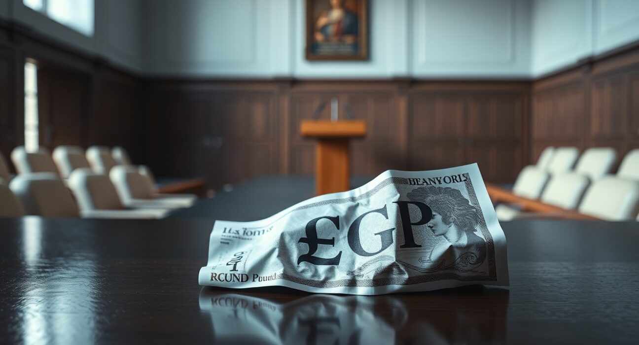 British Pound Sterling banknote on desk with blurred empty government meeting room in background, symbolizing economic uncertainty and leadership vacuum.