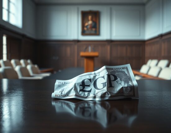 British Pound Sterling banknote on desk with blurred empty government meeting room in background, symbolizing economic uncertainty and leadership vacuum.