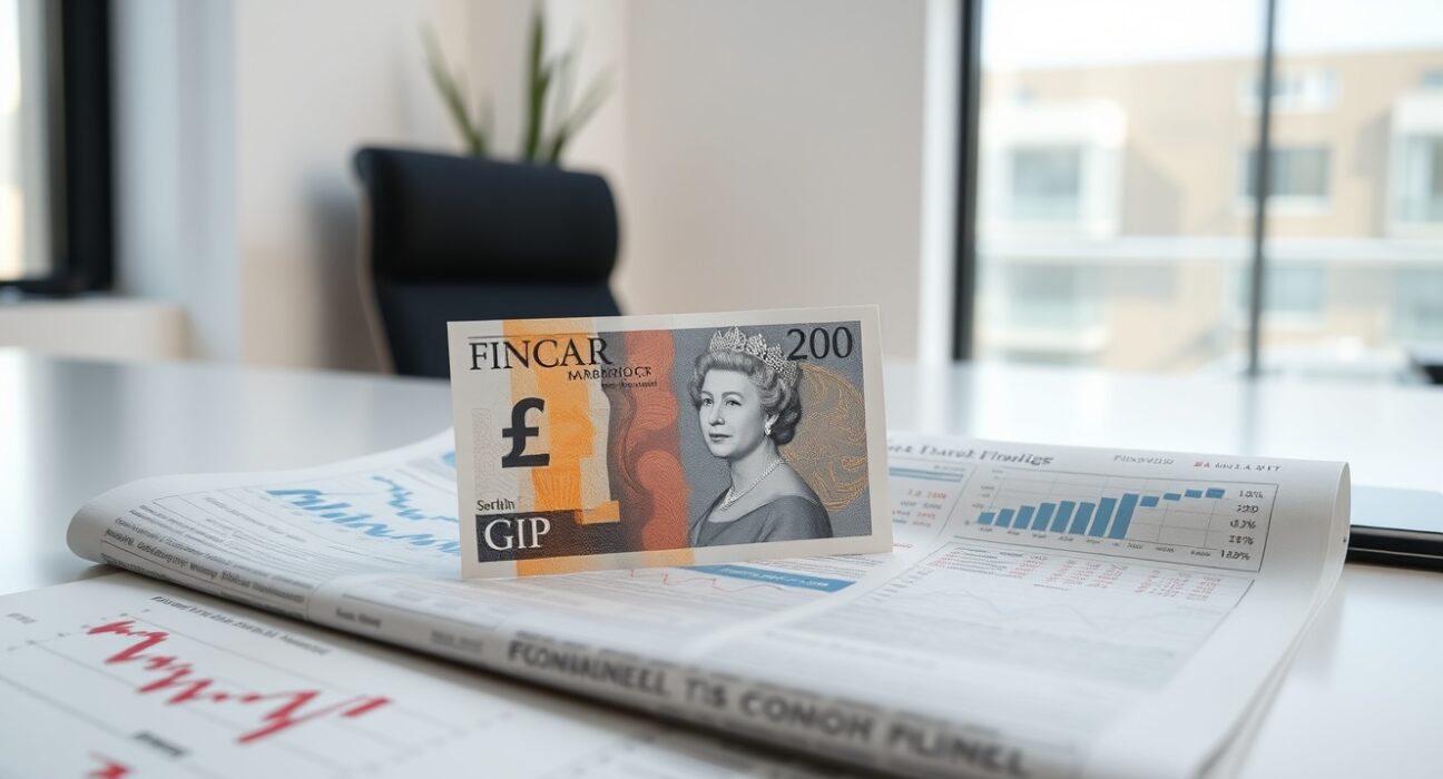 British Pound Sterling banknote on financial newspaper with market charts