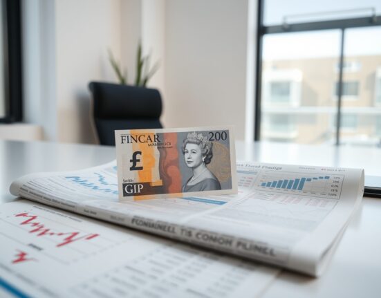 British Pound Sterling banknote on financial newspaper with market charts