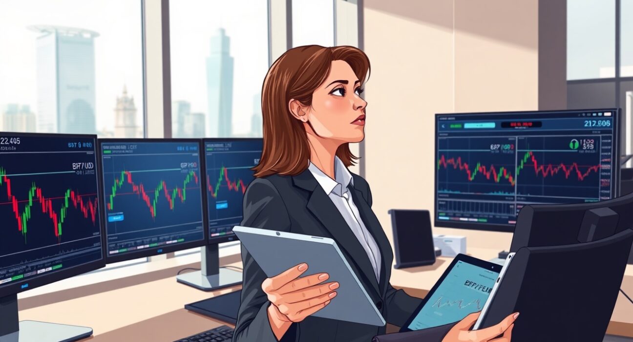 Financial analyst monitoring pound sterling exchange rates amid UK GDP data release in London.