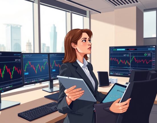 Financial analyst monitoring pound sterling exchange rates amid UK GDP data release in London.