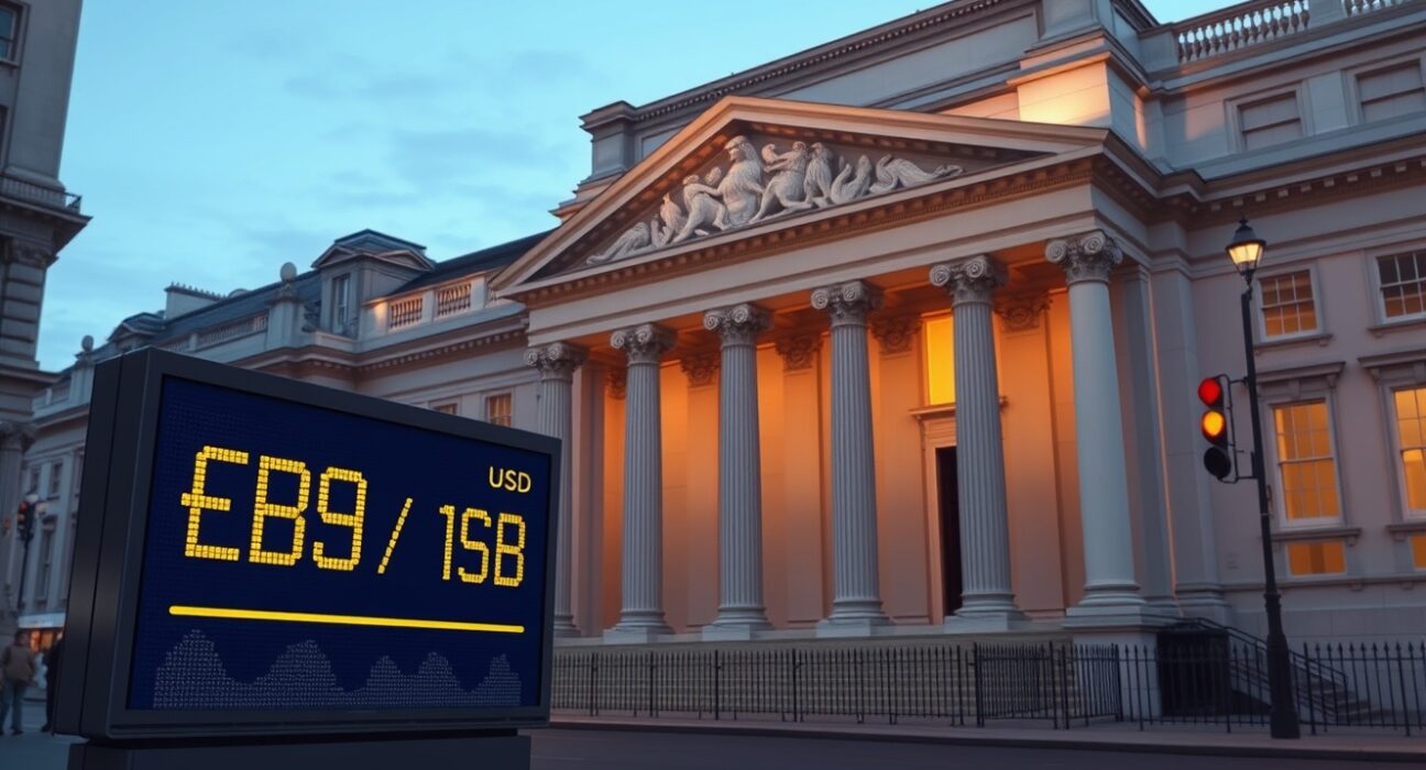 Bank of England building with declining Pound Sterling exchange rates showing monetary policy impact