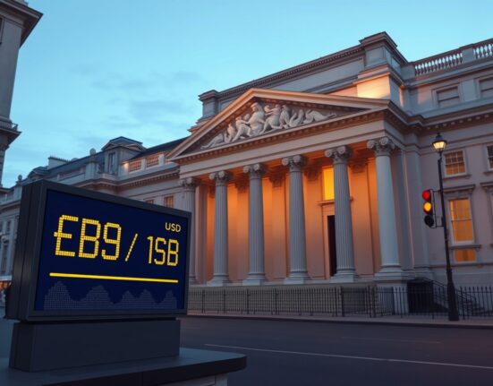 Bank of England building with declining Pound Sterling exchange rates showing monetary policy impact