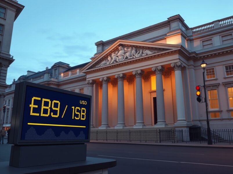 Bank of England building with declining Pound Sterling exchange rates showing monetary policy impact