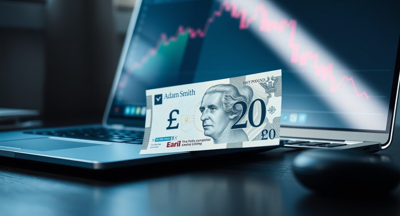 British Pound Sterling banknote on desk with laptop showing financial chart