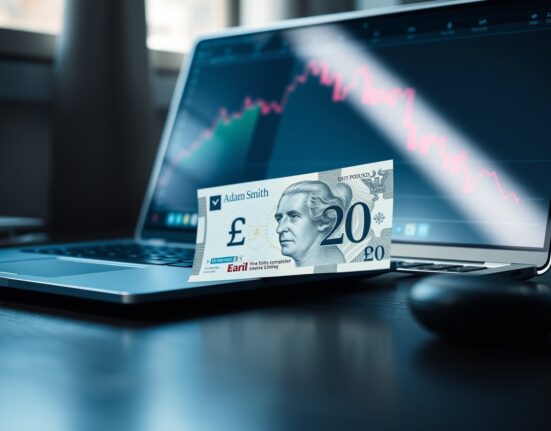 British Pound Sterling banknote on desk with laptop showing financial chart