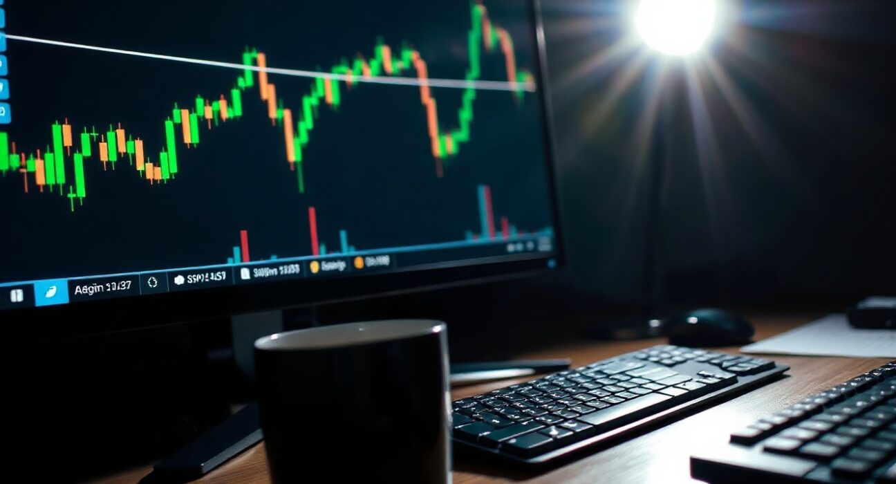 Financial trading desk with GBP/USD chart on monitor, reflecting market analysis.