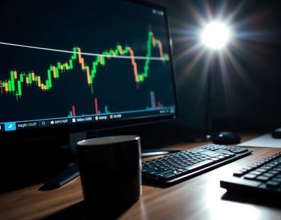 Financial trading desk with GBP/USD chart on monitor, reflecting market analysis.