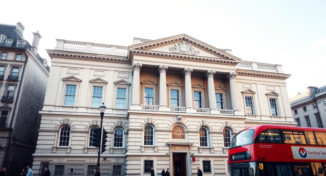 Bank of England building in London on a clear day with pedestrians and a red bus passing by.