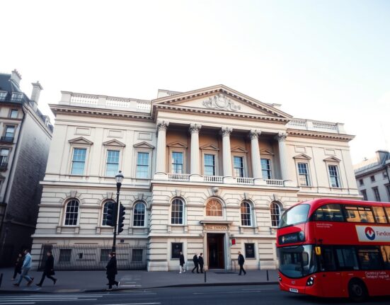 Bank of England building in London on a clear day with pedestrians and a red bus passing by.