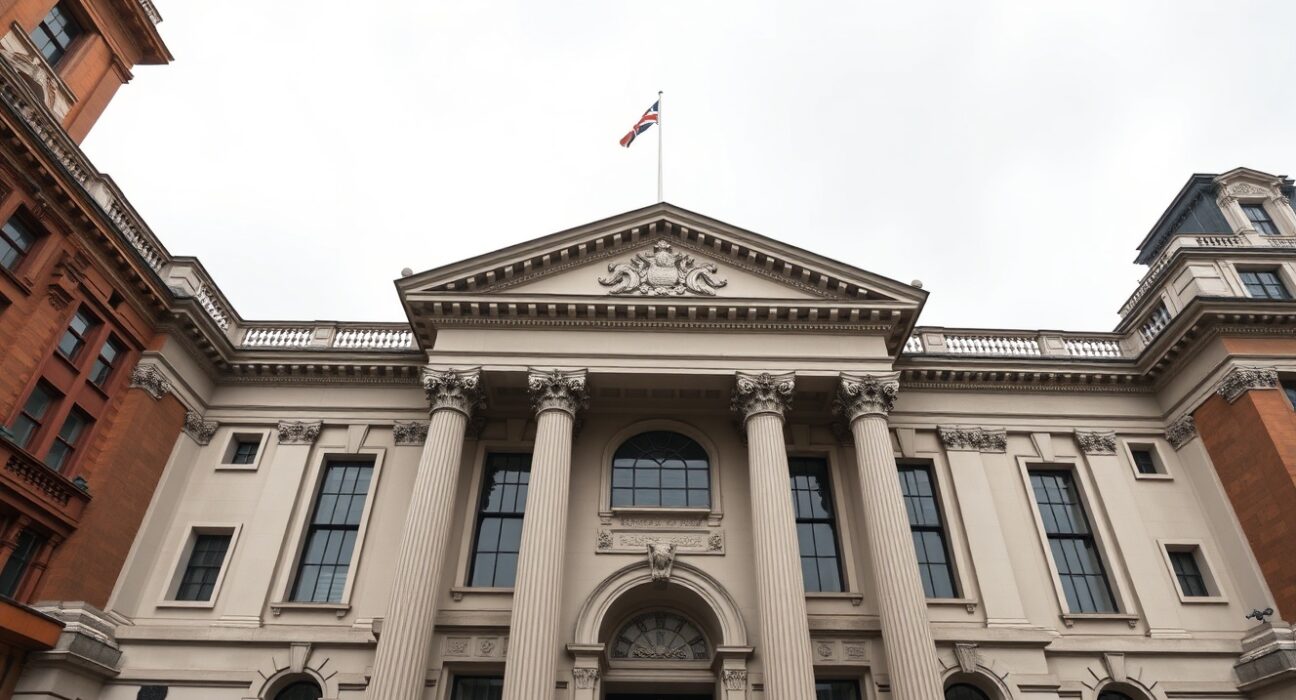 Bank of England building representing Pound Sterling edges down amid hawkish BoE prospects