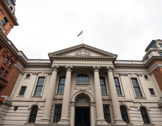 Bank of England building representing Pound Sterling edges down amid hawkish BoE prospects