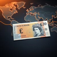 A &pound;20 Pound Sterling banknote representing the currency's strength amidst global uncertainty, including Middle East tensions.
