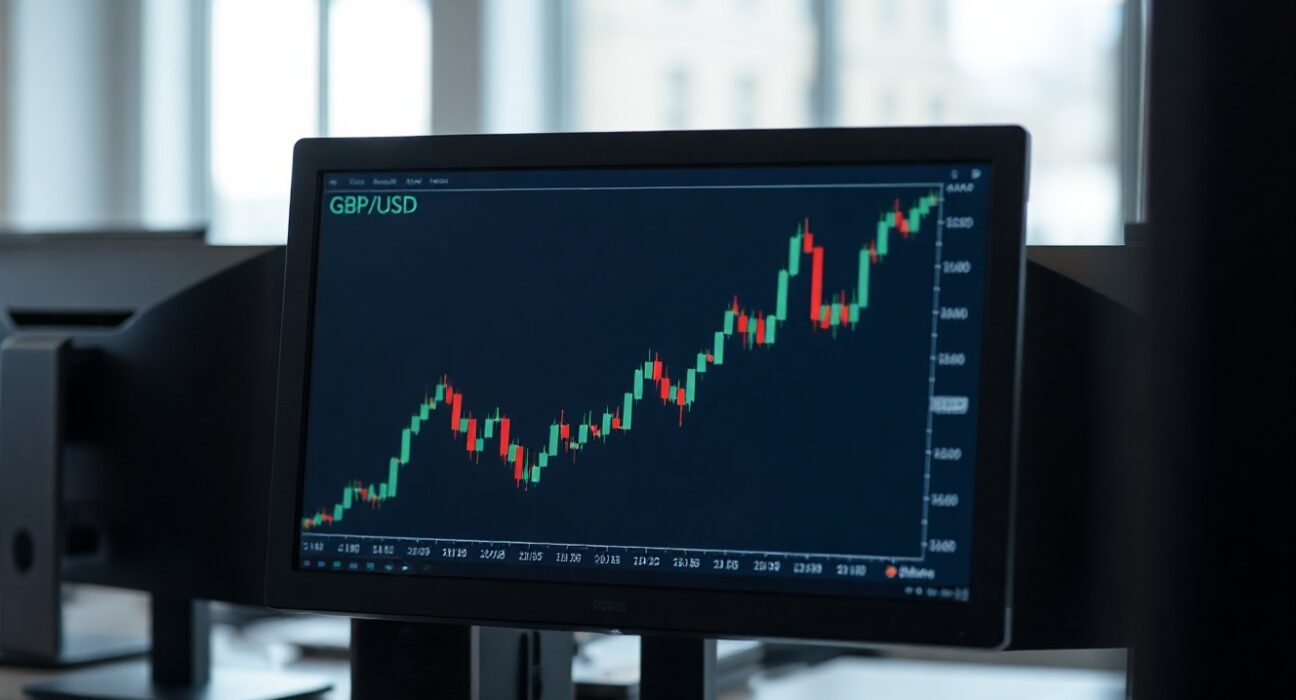 GBP/USD currency trading chart on a screen in a financial office