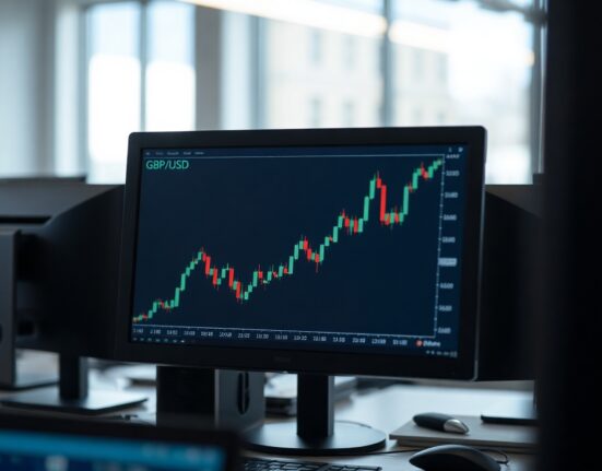 GBP/USD currency trading chart on a screen in a financial office