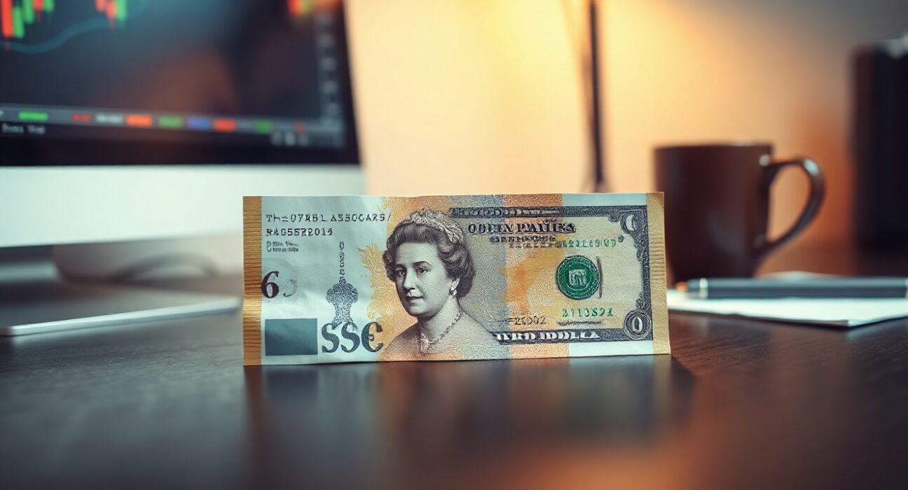 British Pound and US Dollar banknotes on a desk with a financial chart in the background.