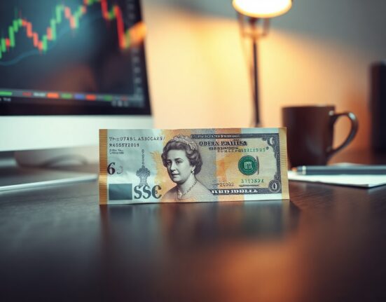 British Pound and US Dollar banknotes on a desk with a financial chart in the background.