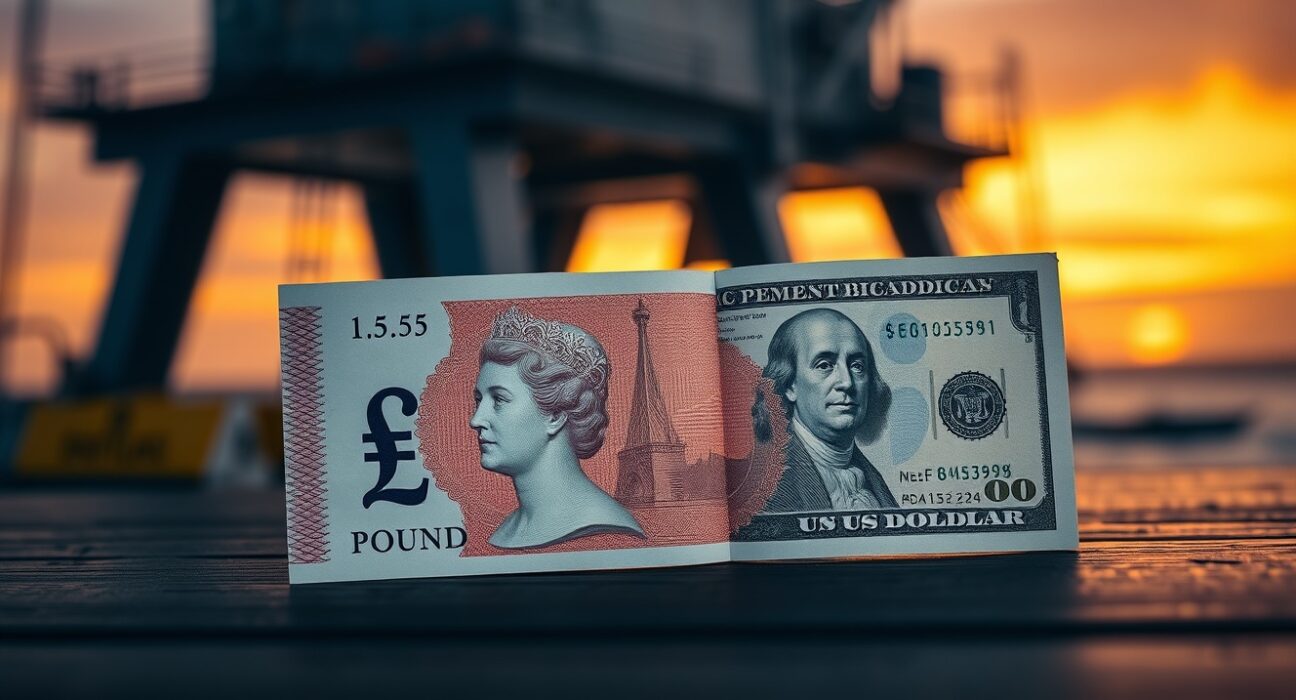 British Pound and US Dollar banknotes on a desk with an oil rig in the background, representing currency market reaction to oil price shock.