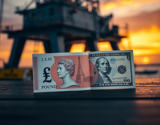 British Pound and US Dollar banknotes on a desk with an oil rig in the background, representing currency market reaction to oil price shock.