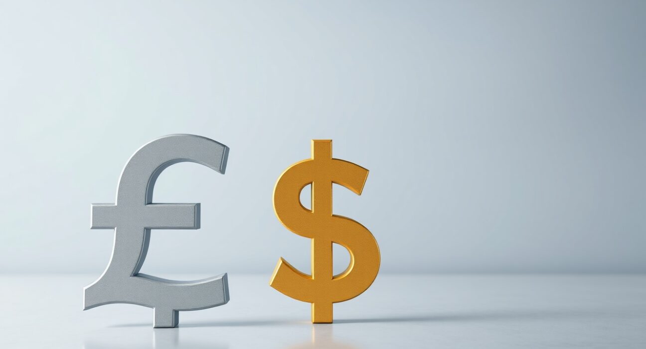 Pound Sterling and US Dollar symbols on trading floor, representing subdued trading ahead of Fed and BoE policy announcements.