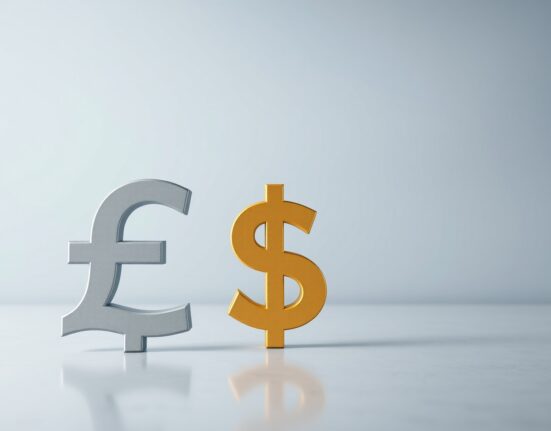 Pound Sterling and US Dollar symbols on trading floor, representing subdued trading ahead of Fed and BoE policy announcements.