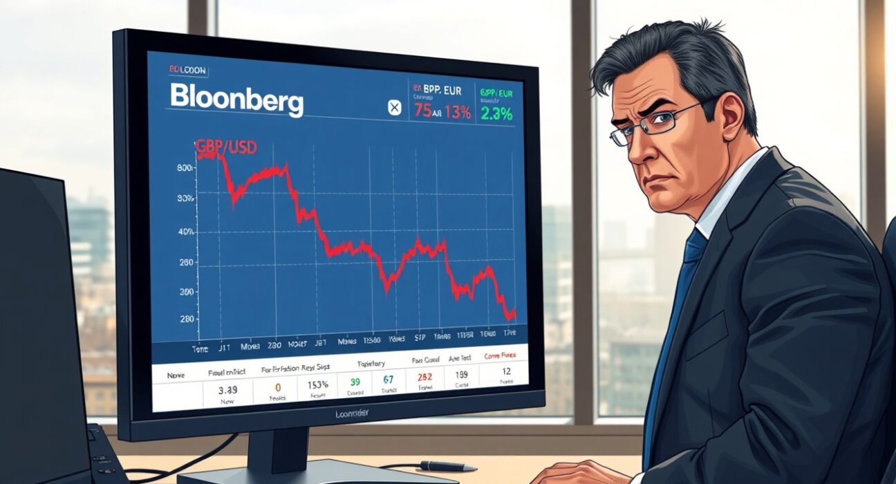 Pound Sterling trading analysis on Bloomberg Terminal showing currency decline amid Federal Reserve and Bank of England policy decisions.