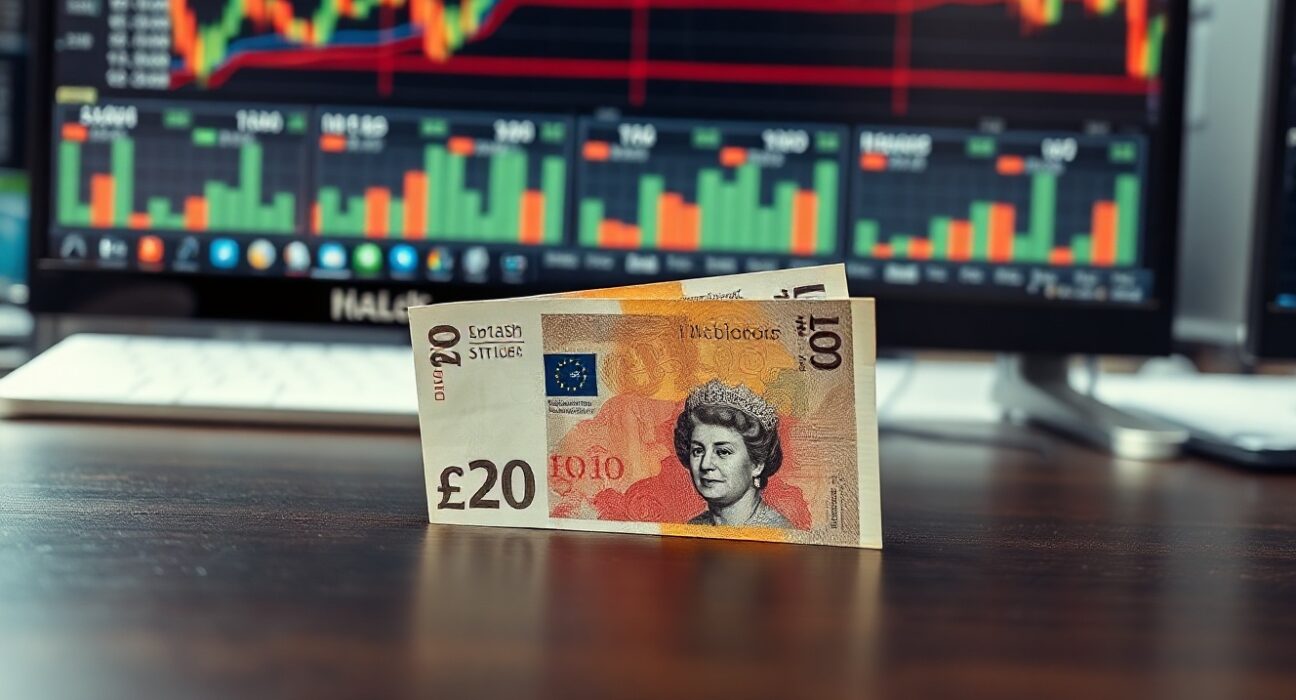 British pound and US dollar banknotes on a desk with financial charts in background