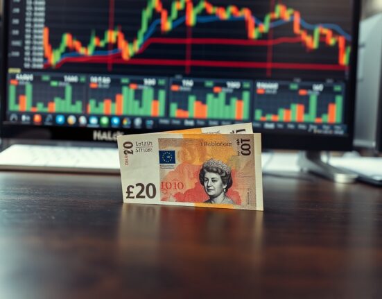 British pound and US dollar banknotes on a desk with financial charts in background