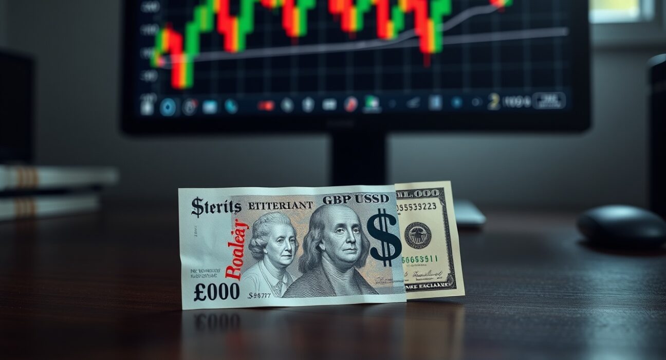 Pound Sterling and US Dollar banknotes with a blurred GBP/USD chart in background, representing forex market awaiting BoE and PCE data