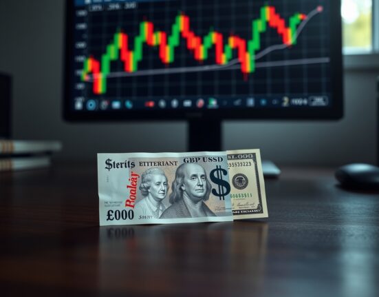 Pound Sterling and US Dollar banknotes with a blurred GBP/USD chart in background, representing forex market awaiting BoE and PCE data