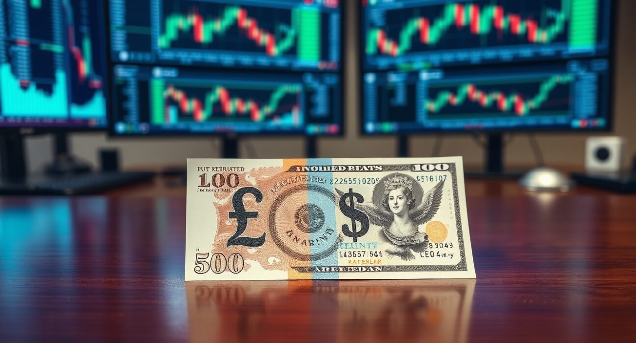 British Pound and US Dollar banknotes on a trading desk with financial charts in background.
