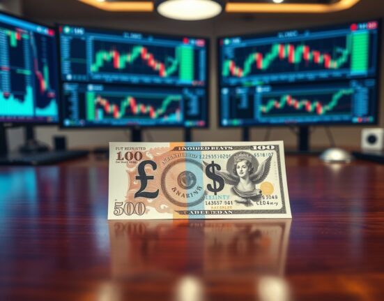 British Pound and US Dollar banknotes on a trading desk with financial charts in background.