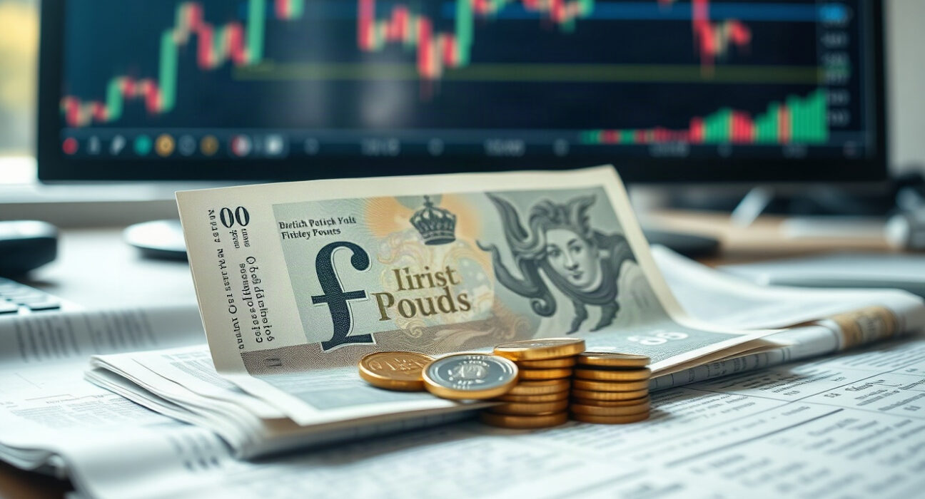 British Pound notes and coins on a trading desk with forex charts in the background