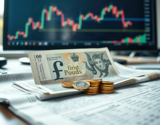 British Pound notes and coins on a trading desk with forex charts in the background
