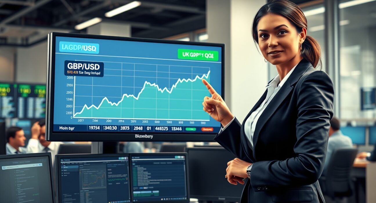 Trader analyzes rising Pound Sterling chart after strong UK GDP report on trading floor.