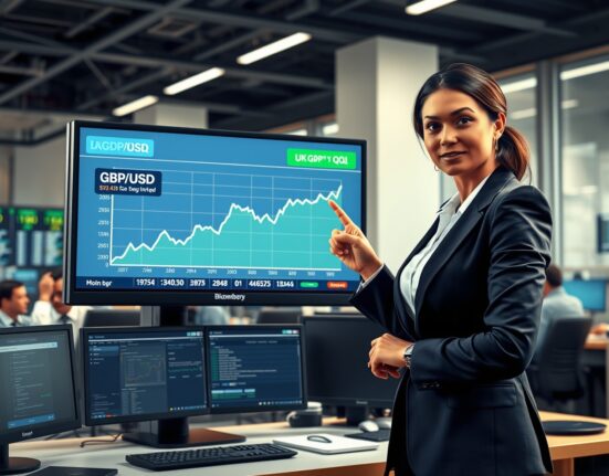 Trader analyzes rising Pound Sterling chart after strong UK GDP report on trading floor.