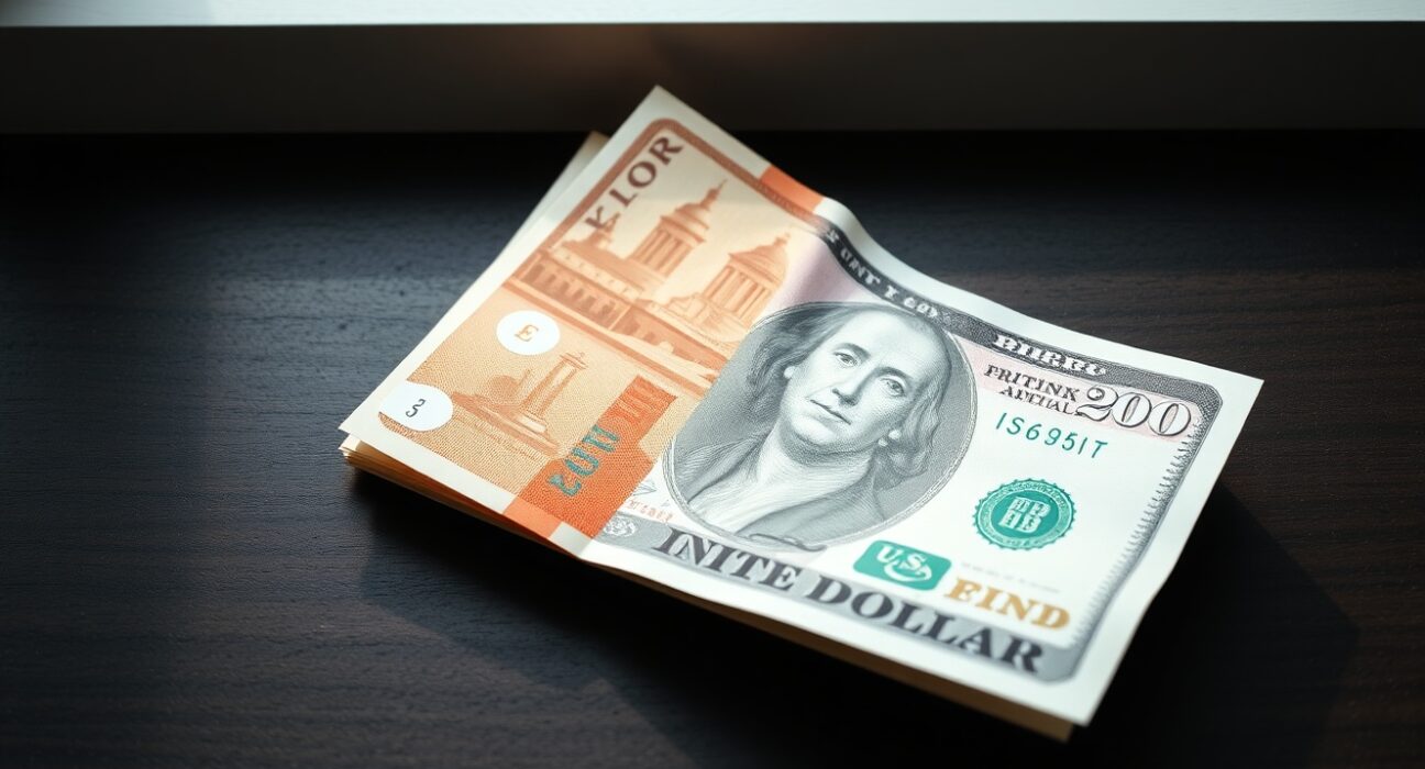 British Pound and US Dollar banknotes on a desk representing GBP/USD forex market reaction to US CPI data.
