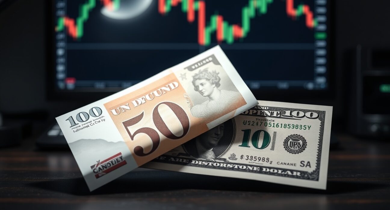 British Pound and US Dollar banknotes on desk with forex chart in background