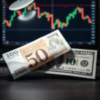 British Pound and US Dollar banknotes on desk with forex chart in background