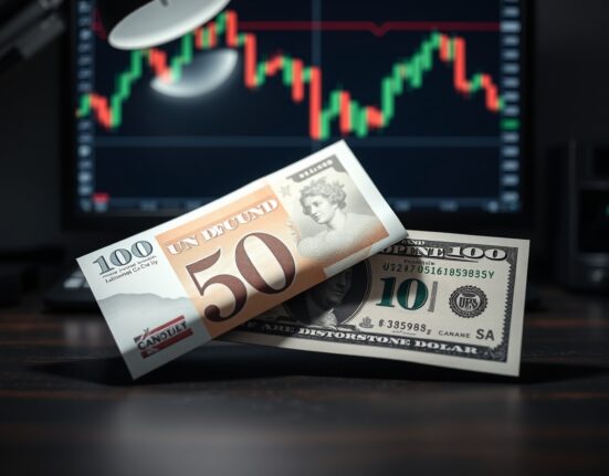 British Pound and US Dollar banknotes on desk with forex chart in background