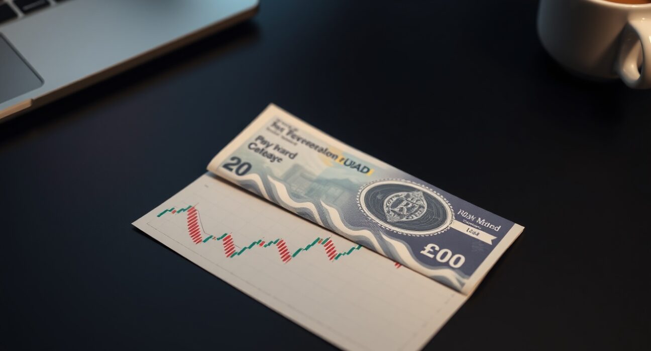 British Pound Sterling banknote on a trading desk with a GBP/USD candlestick chart.