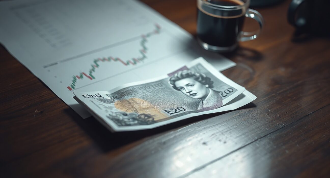 British Pound Sterling banknote on a desk with a forex chart showing a downward trend.